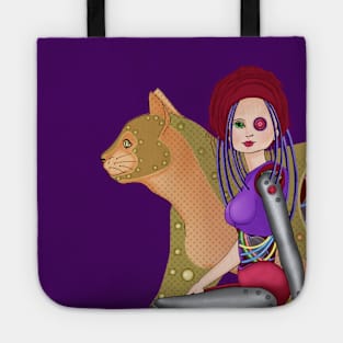 Cyber girl and cyber cat. Cyber witch. Tote