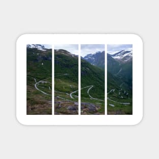 Wonderful landscapes in Norway. Vestland. Beautiful scenery of winding roads and snowed mountains from the Gaularfjellet scenic route. Cloudy day. Magnet
