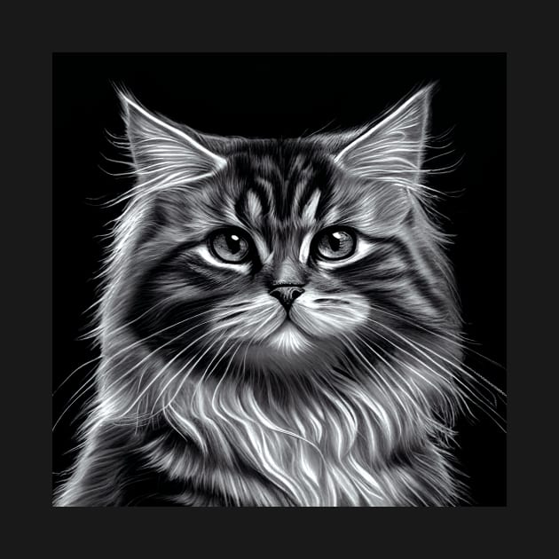 Beautiful Maine Coon Tabby Cat In Black and White by Geminiartstudio