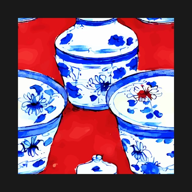 Blue and white chinoiserie bowls on red background by SophieClimaArt