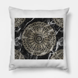 Marble mandala - deco gold on black Pillow