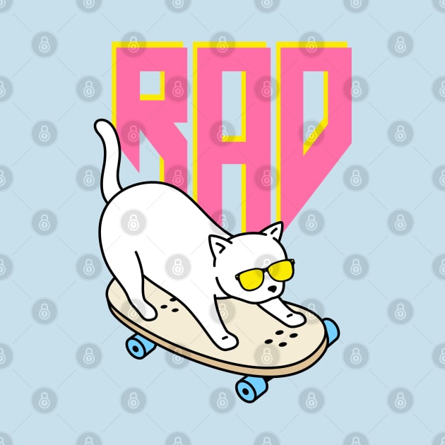 Rad White Cat on Skateboard - Silly Design by Flourescent Flamingo