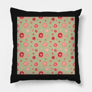 Red flowers on sage green pattern Pillow