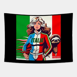 Italian Italia 70s Female Race Car Driver with Sloth Italy Italia Tapestry