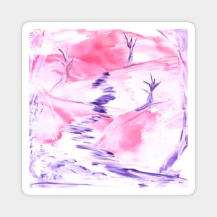 Landscape, pink, spring, nature, trees, art. Hand drawn color illustration, painting, encaustic, wax. Magnet