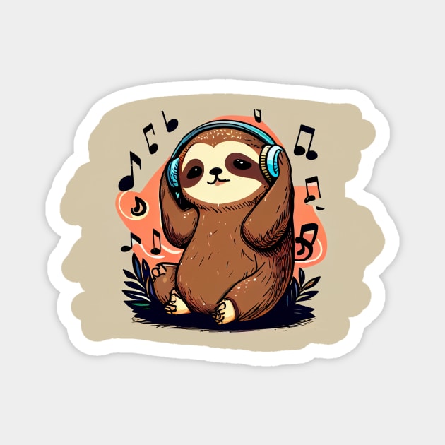 Kawaii Cute Sloth Listening To Music Magnet by Pixy Official