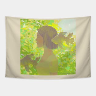 Forest Girl and Goldfish Tapestry