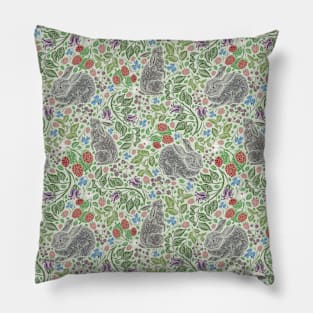 Grey rabbits with berries and bluebells on light green background Pillow