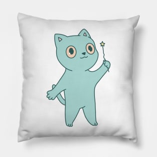 Cute blue cat illustration magic wand Pillow