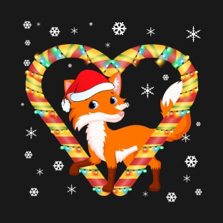 Cute Fox Candy Cane Heart Funny Christmas Light Gift T-Shirt