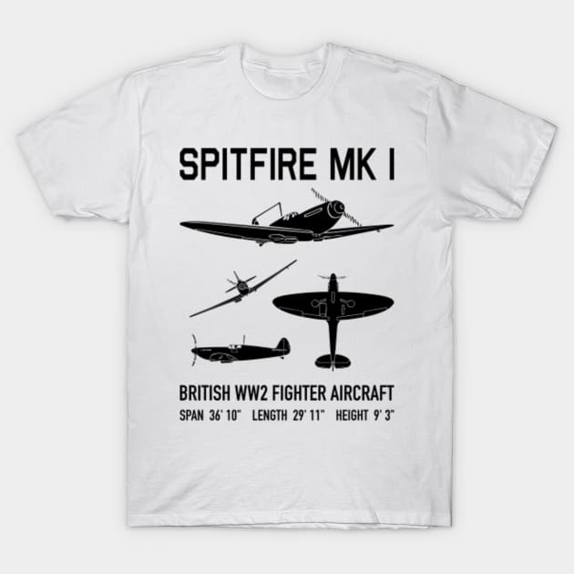 Spitfire British Mark One WW2 Fighter Plane Cutout Silhouettes Gift - Spitfire Mark I Fighter Silhouettes - T-Shirt | TeePublic