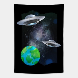 Ufo alien funny cute flying spaceship astronaut moon mars cosmic forest Tapestry