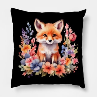 A red fox decorated with beautiful watercolor flowers Pillow