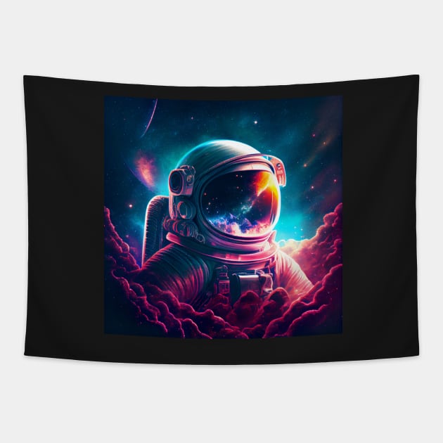 An astronaut witnesses space in his visor Tapestry by lightsonfire