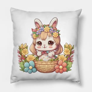 Anime Easter Bunny Girl In Basket. Spring Rainbow Flowers and Easter Eggs Pillow