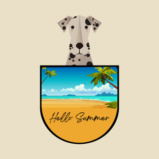 Dalmatian Dog in Beach Pocket with Hello Summer Sign T-Shirt