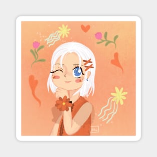 daydreaming, a white hair girl with flower bangle Magnet