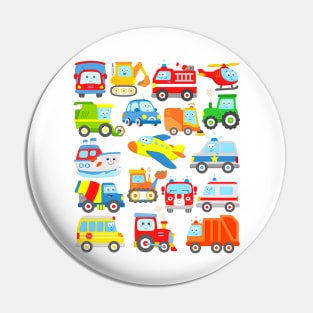 18 Cars Trucks Vehicles Locomotive Trash Truck School Bus Plane Boat Car Digger Tractor Pin