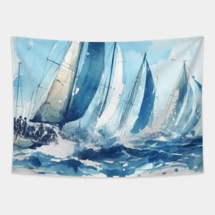 Artist illustration of sailboats racing, in blue hues Tapestry