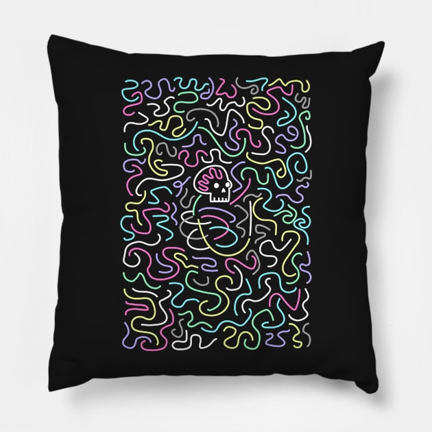 Retro psychedelic deconstructed skull apparel Pillow by guidogokraw