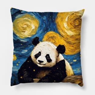 Adorable Panda Animal Painting in a Van Gogh Starry Night Art Style Pillow