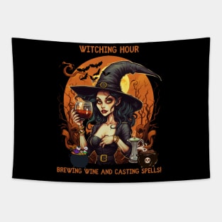 Witching Hour Brewing Tea and Casting Spells The Wine  Party Halloween Tapestry