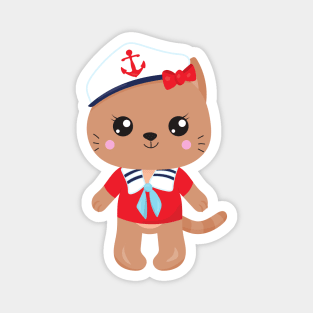 Sailor Cat, Sailor Hat, Boat Captain, Brown Cat Magnet