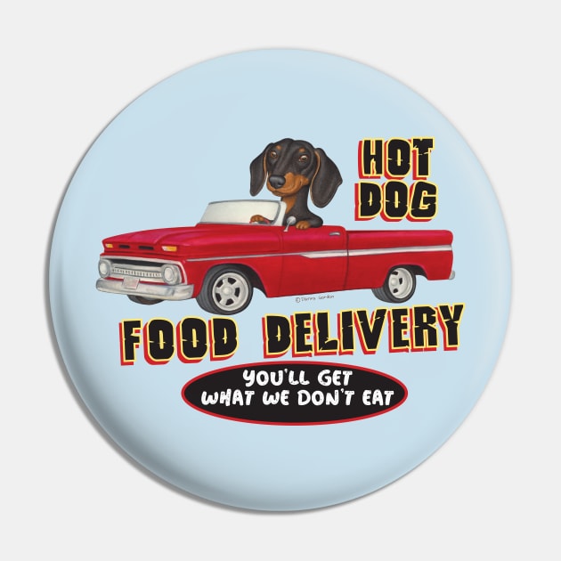 vintage Black Doxie Dachshund in Red Truck having fun Pin by Danny Gordon Art