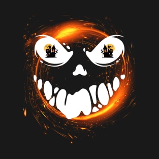 A skull in a cloud of fire with eyes on a haunted house T-Shirt
