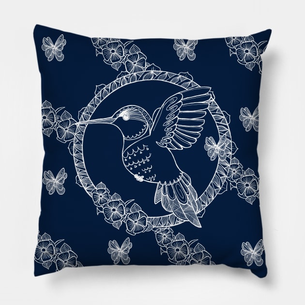 Hummingbird anti-stress&White_Navy Blue Pillow by Eirene San