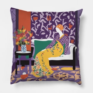 Woman on Couch with Colorful Abstract Flowers Still Life Painting Pillow