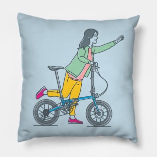 girl ride a folding bike Pillow