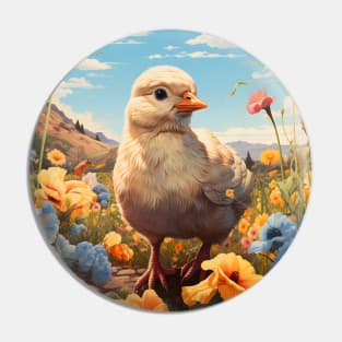 Retro Vintage Art Style Baby Chick in Field of Wild Flowers - Whimsical Farm Pin