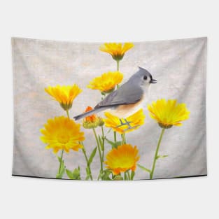 Tufted Titmouse Perched in a Marigold Flower Patch Tapestry