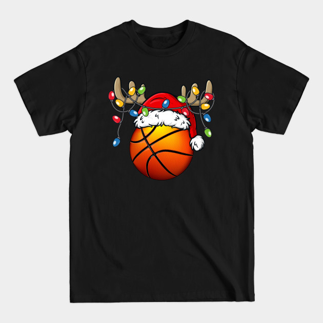 Disover Basketball With Santa Hat Reindeer Antlers Christmas Lights - Basketball Christmas - T-Shirt