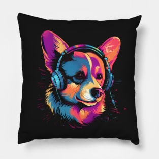 corgi wearing headphones - synth wave style Pillow