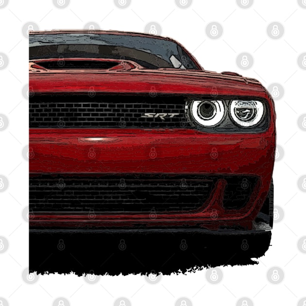 Fiery Essence: Red Dodge Challenger Front Body Posterize Car Design for Teen Enthusiasts by GearHead Threads