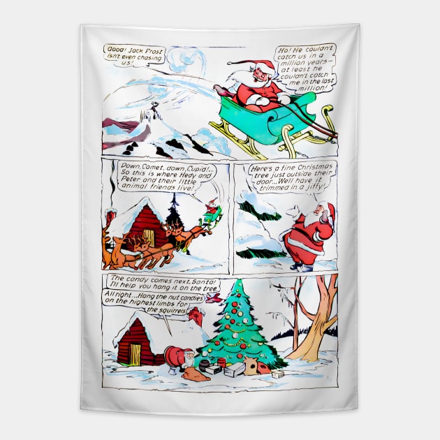 Santa Claus arrives in his sleigh with his reindeer friends to leave the gifts under the snow-filled Christmas tree Retro Vintage Comic Book Tapestry by REVISTANGO