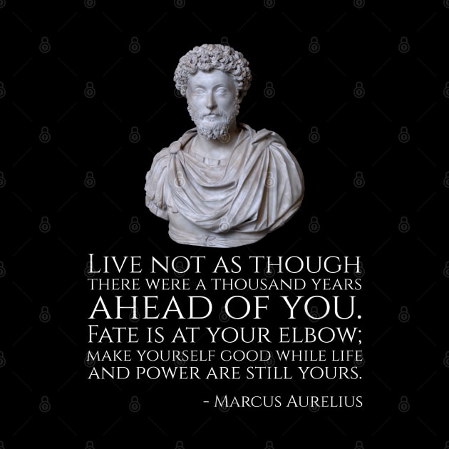 Live not as though there were a thousand years ahead of you. Fate is at your elbow; make yourself good while life and power are still yours. - Marcus Aurelius by Styr Designs