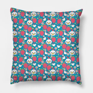 Strawberries and Chickens in Blue Pillow