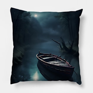 Turquoise Tranquility: Moonscape Boat Journey Pillow