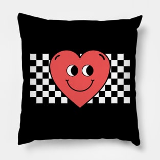 Retro Vintage Aesthetic Heart Smiley Emoji with Chess Board Black and White Pillow