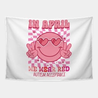 In April We Wear red Groovy autism acceptance Tapestry