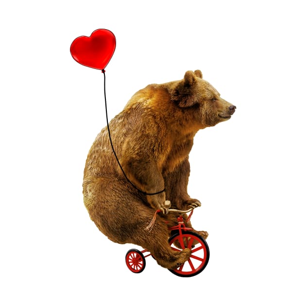 Grizzly Bear Riding a Red Tricycle with Heart Balloon by SirLeeTees