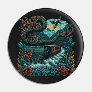 Flying steam train with crashing waves and snakes Pin