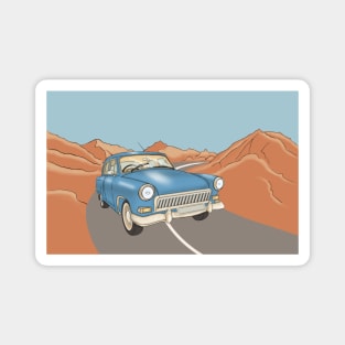 Blue car on the highway in the desert and mountains. Magnet