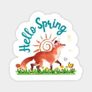 Hello Spring Fox Flower Watercolor Pattern Magnet