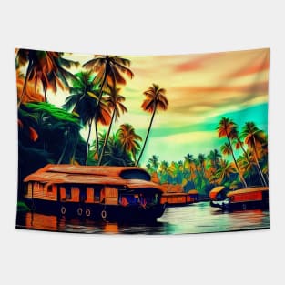 Elegant Kerala natural landscape of coconut trees sunset sky river and houseboat Tapestry