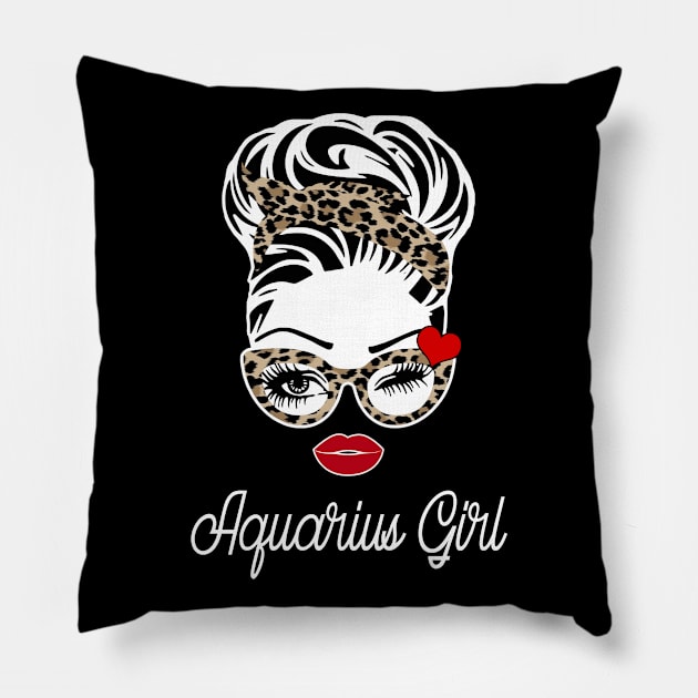 Womens Aquarius Girl Wink Eye Woman Face Bandana Leopard Was Born In January Pillow by gussiemc