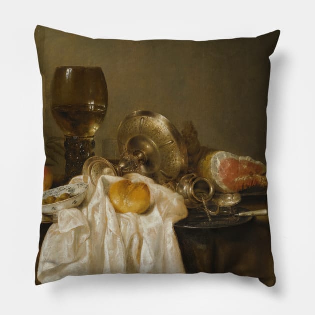 A Banketje Still Life With A Roemer, A Silver Tazza On Its Side, A Ham, Peaches, A Salt Cellar, A Bread Roll And A White Cloth On A Partly Draped Table by Willem Claeszoon Heda Pillow by Classic Art Stall